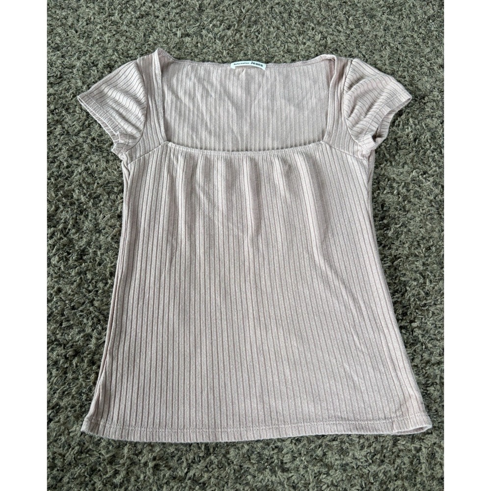 Reformation Bardot Pink Ribbed Knit Square Neck Short Sleeve Stretch Top M